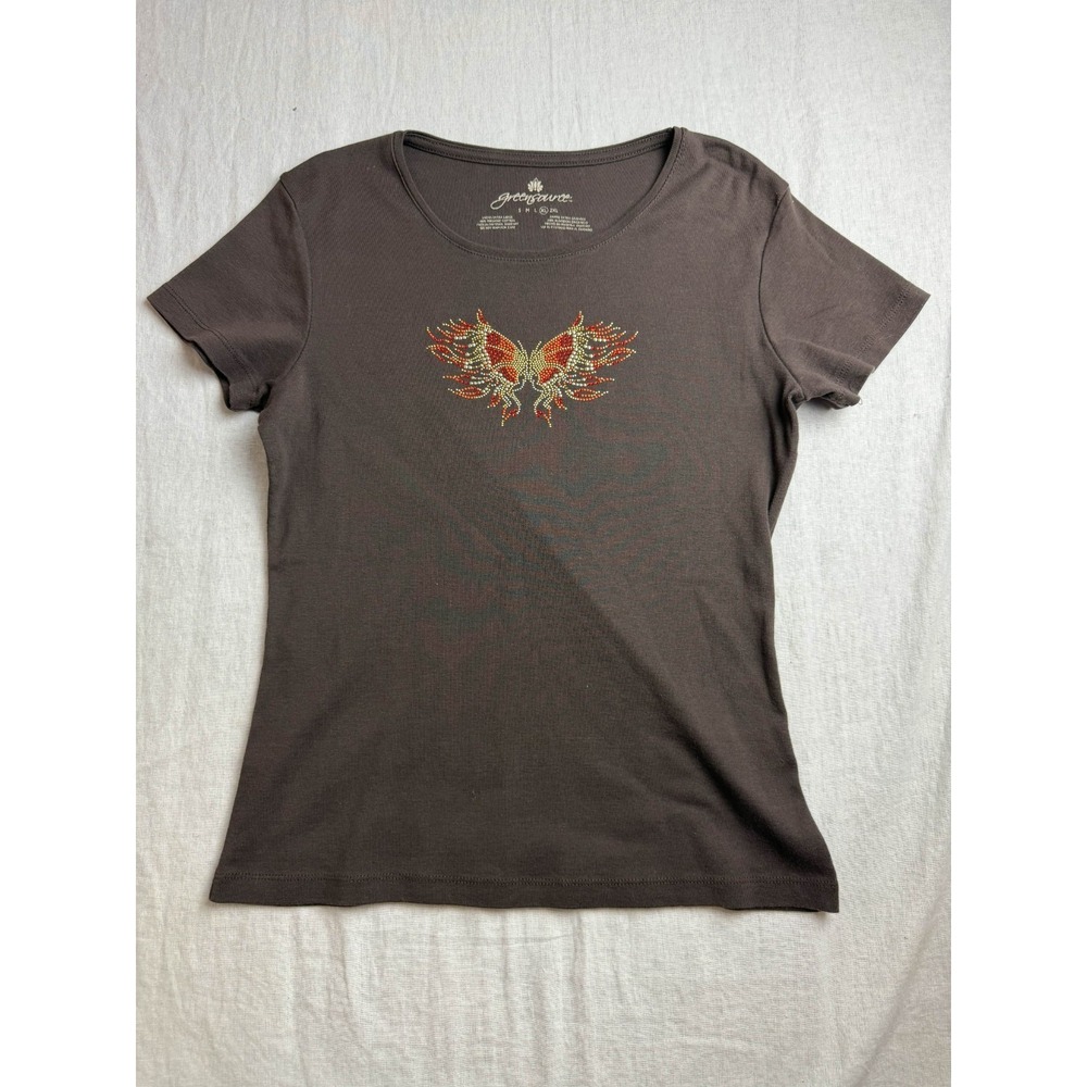 Greensource Butterfly Rhinestone Top Womens XL Brown Y2K Fairycore Grunge Bling‎
